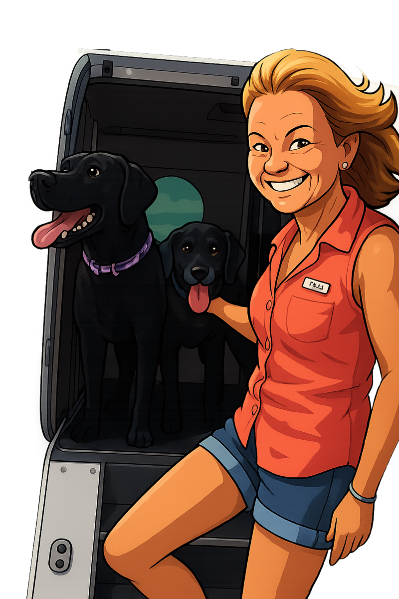 Illustration of Lucinda with her two Great Danes